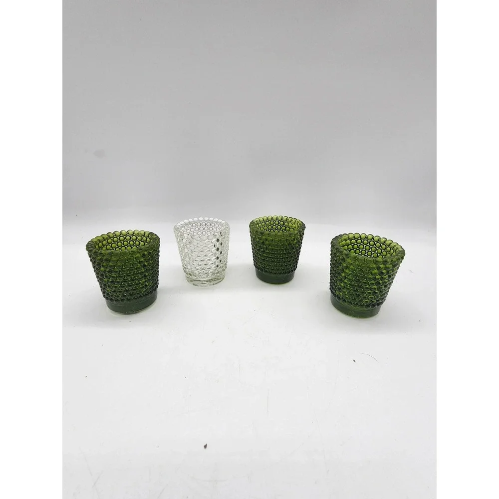 Vintage Hobnail Glass Votive Candle Holders Set of 4 Green and Clear Mid Century